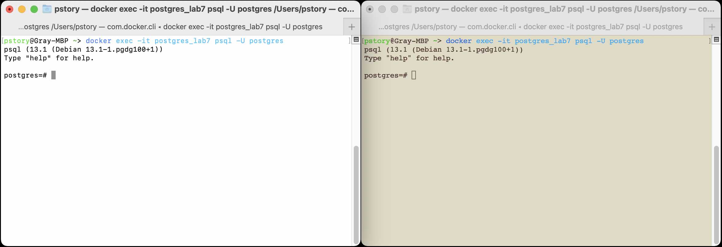 Two psql shells, in separate windows.